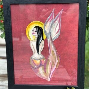 Original Mermaid Watercolor Painting on Canvas Paper Framed 9" X 11" - Verity